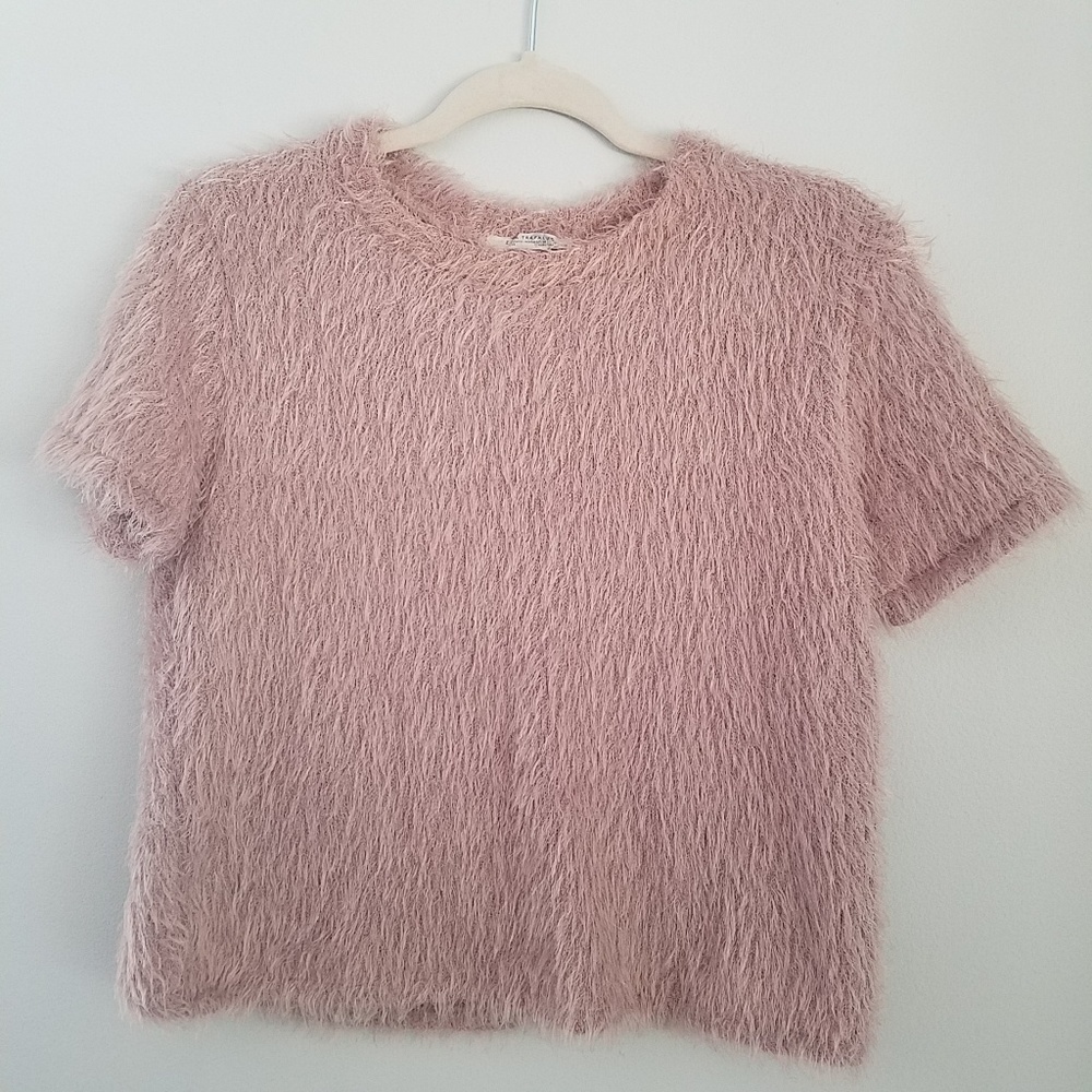 Zara Cropped Fuzzy Cozy Sweater Top Short Sleeve L
